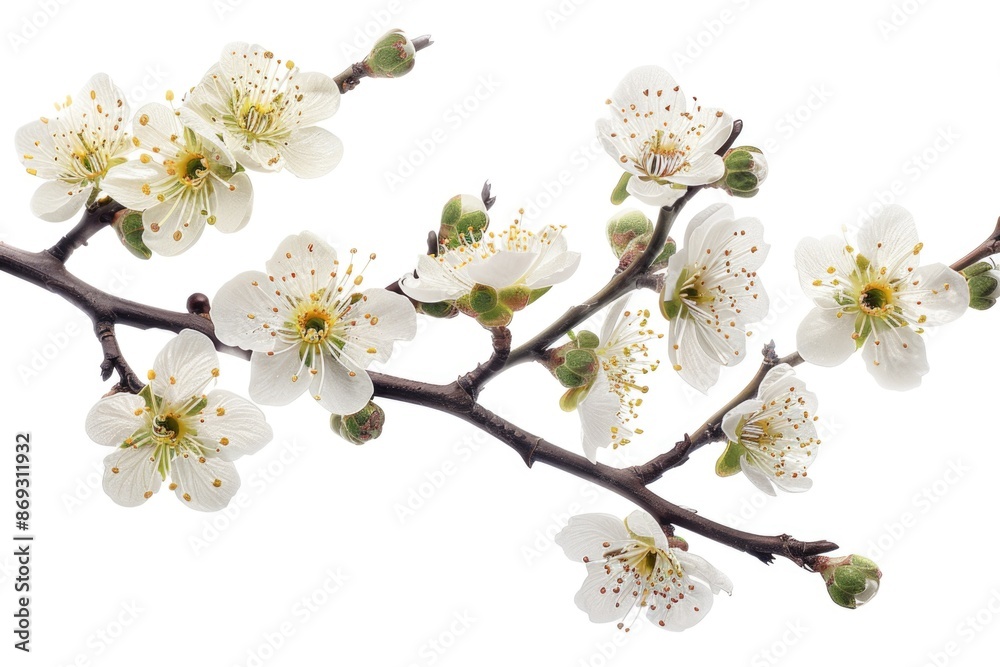 Single stem of white flowers sits against a plain white background, ideal for adding context to text or design Single stem of white flowers sits against a plain white background, ideal for adding context to text or design