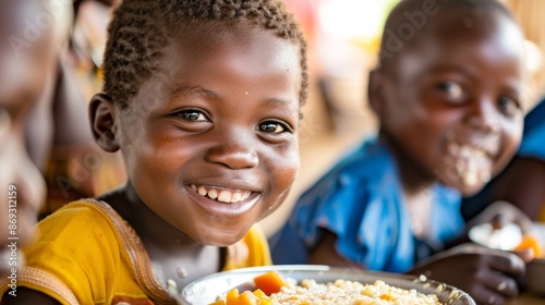 Poor African schoolchildren eat together. Hunger and food shortages in African countries. Stock. photo