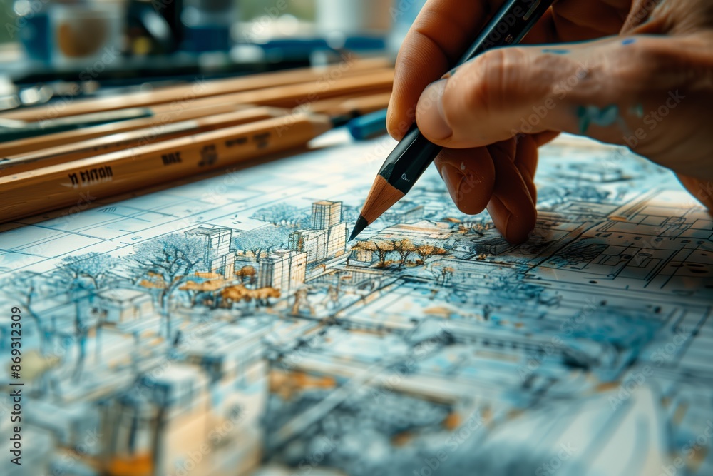 Obraz premium Artists Hand Drawing Detailed Cityscape With Pencil