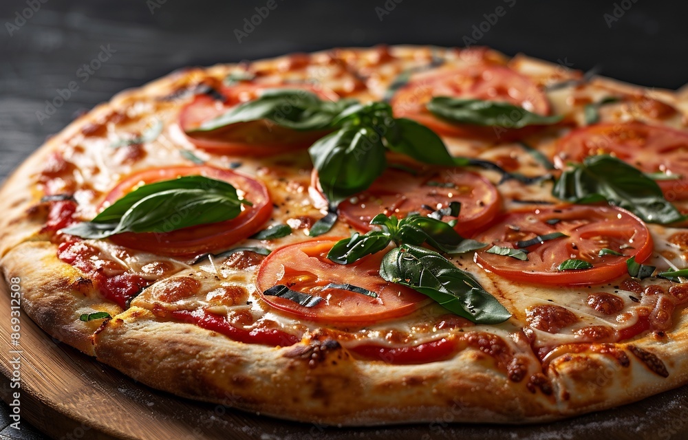Close-up of Delicious Margherita Pizza with Basil and Mozzarella Cheese Close-up of Delicious Margherita Pizza with Basil and Mozzarella Cheese