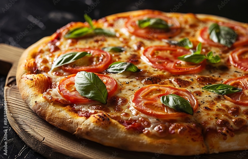 Closeup of Cooked Pizza with Mozzarella, Tomato, and Basil Closeup of Cooked Pizza with Mozzarella, Tomato, and Basil
