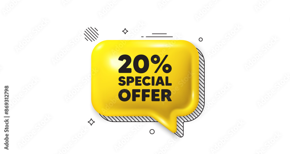 3d speech bubble icon. 20 percent discount offer tag. Sale price promo sign. Special offer symbol. Discount chat talk message. Speech bubble banner. Yellow text balloon. Vector 3d speech bubble icon. 20 percent discount offer tag. Sale price promo sign. Special offer symbol. Discount chat talk message. Speech bubble banner. Yellow text balloon. Vector