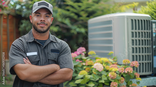 A attractive HVAC technician posing next to a residential outside AC unit. Generative AI.