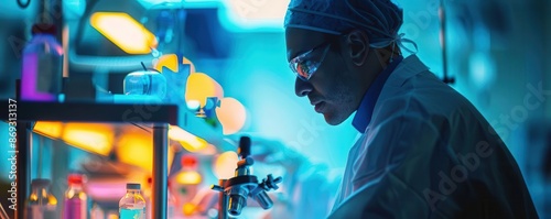 Biomedical engineer working on medical devices, close-up shot with colorful tools, featuring a double exposure silhouette of medical equipment.