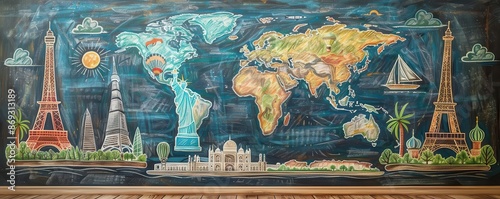 A blackboard showcasing hand-drawn doodles of iconic landmarks from around the world, perfect for geography education and creative expression.