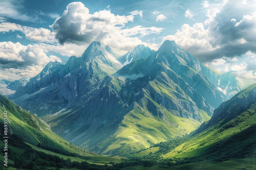Fototapeta premium A scenic view of a mountain range with fluffy white clouds in the sky