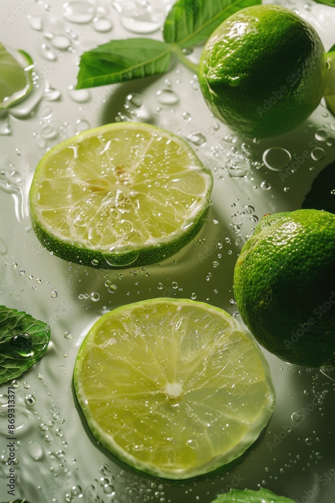 Lime, mint, and water on a clean surface Lime, mint, and water on a clean surface