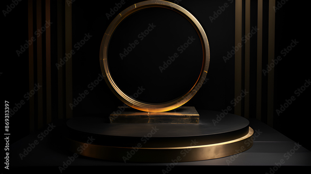 A podium and a golden circle sit on a dark backdrop for design projects, Generative Ai A podium and a golden circle sit on a dark backdrop for design projects, Generative Ai