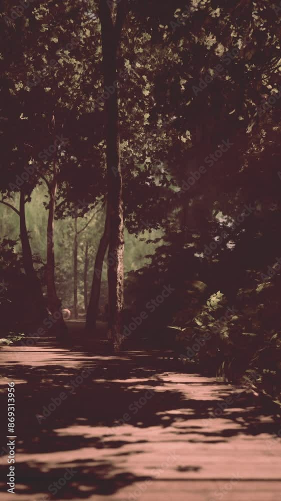 brightness of the jungle is highlighted by a winding wooden path brightness of the jungle is highlighted by a winding wooden path