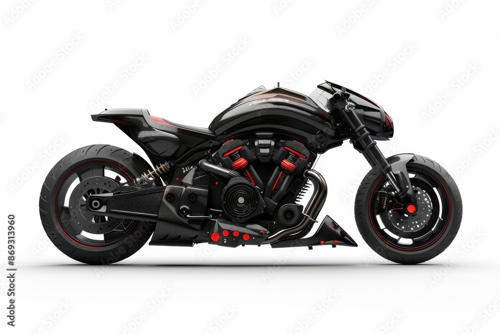 A black coloured futuristic cyberpunk style motorbike is isolated on a white background in 3D. A black coloured futuristic cyberpunk style motorbike is isolated on a white background in 3D.