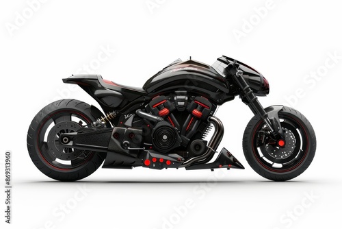 A black coloured futuristic cyberpunk style motorbike is isolated on a white background in 3D.