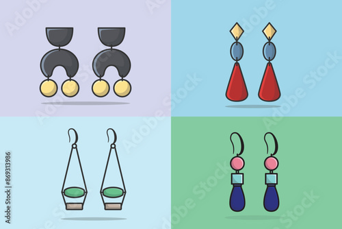 Collection of Earrings jewelry vector illustration. Beauty fashion objects icon concept. Women's earrings jewelry decoration in unique style vector design.