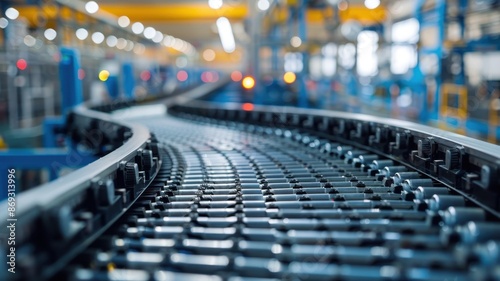 Close-up of an industrial conveyor belt in a modern factory, showcasing advanced manufacturing and automated production lines.