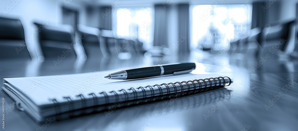 Notebook and Pen on a Desk in an Office Setting Notebook and Pen on a Desk in an Office Setting