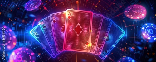 Colorful neon playing cards and poker chips in a futuristic digital casino setting, creating an exciting and dynamic mood.