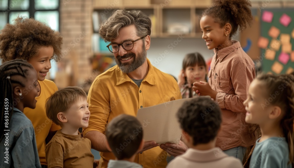 A teacher in a yellow shirt engages with a happy, diverse group of children, fostering a warm and inclusive educational environment in a classroom setting. A teacher in a yellow shirt engages with a happy, diverse group of children, fostering a warm and inclusive educational environment in a classroom setting.