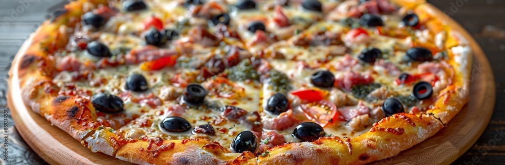 Delicious Ham and Olive Pizza with Mozzarella Cheese and Tomato Sauce Delicious Ham and Olive Pizza with Mozzarella Cheese and Tomato Sauce