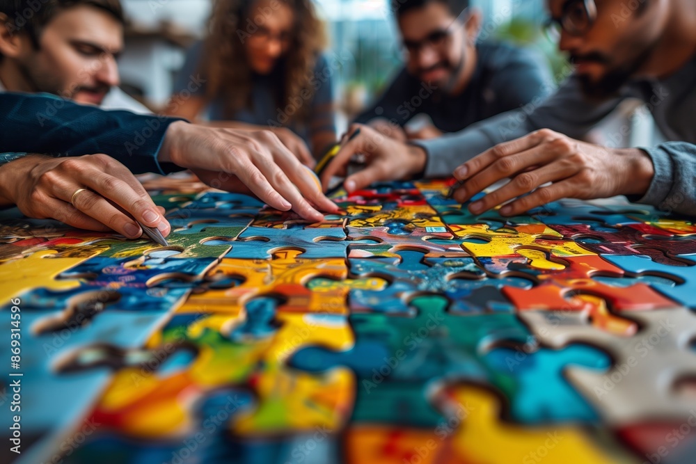 Group Of Friends Working Together On Large Puzzle Group Of Friends Working Together On Large Puzzle