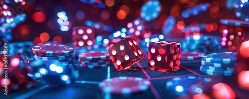 Gambling concept with red dice and poker chips on a colorful casino table, illuminated by vibrant lights, creating an engaging atmosphere.