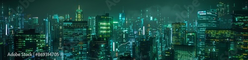 An image of a sci-fi city skyline with green and blue neon lights. A scene of futuristic architecture at night.