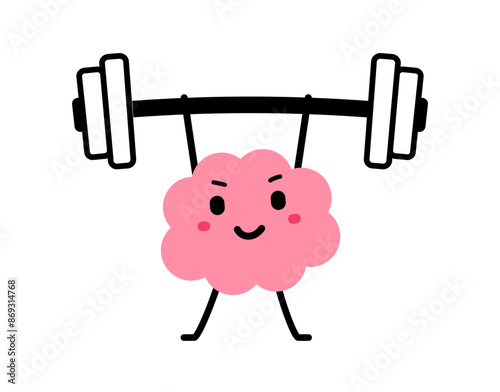 Vector cartoon illustration of strong happy brain character lift barbell on white color background. Flat doodle style design of smile healthy brain exercise with weight