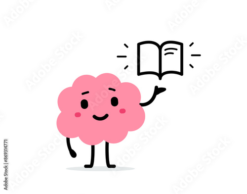 Vector cartoon education illustration of cute happy brain character with open book in hand on white color background. Flat doodle style design of smile brain read book