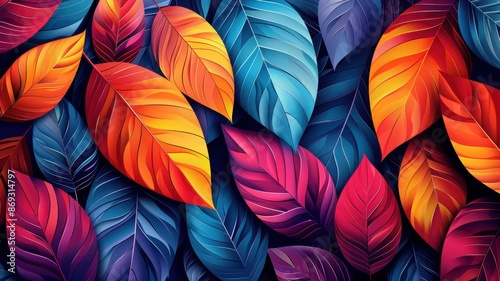 Wallpaper Mural Vibrant and colorful abstract leaf pattern featuring a blend of bright orange, red, blue, and purple hues for a lively background design. Torontodigital.ca