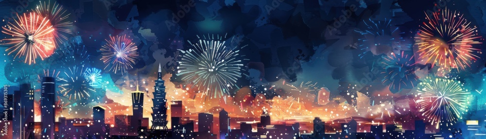 Fototapeta premium Spectacular fireworks light up the night sky over a city skyline, celebrating a special event with vibrant colors and an exciting atmosphere.