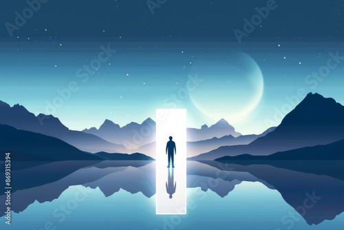 A minimalistic futuristic landscape with a lonely figure standing in front of a portal. Sci-Fi poster. Abstract art wallpaper for web, prints, art decoration, and apps. photo