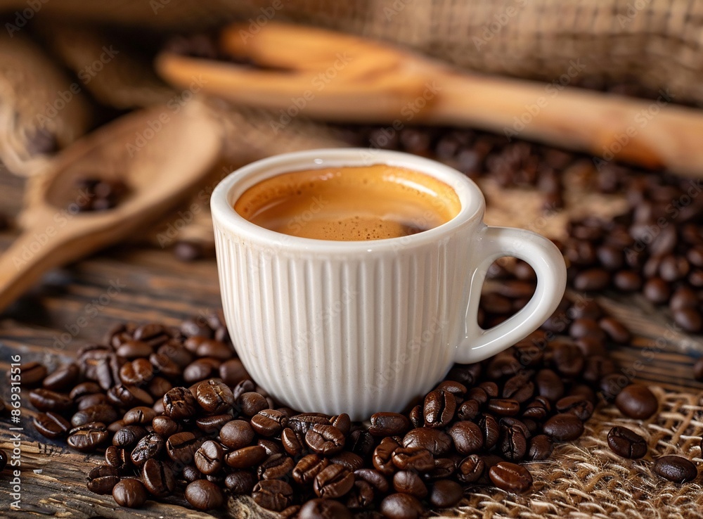 Espresso Cup with Crema on Coffee Beans Rustic Background Espresso Cup with Crema on Coffee Beans Rustic Background
