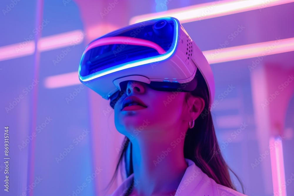 The owner of a virtual reality headset is wearing it in a metaverse world. Stock image The owner of a virtual reality headset is wearing it in a metaverse world. Stock image