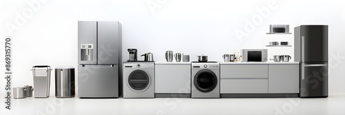 Showcase of Modern Household Appliances against White Backdrop: Fridge, Washing Machine, Microwave, Stove, Blender, Iron photo