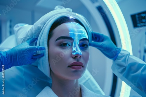 The doctor administers futuristic brain treatment to a patient. Stock image.