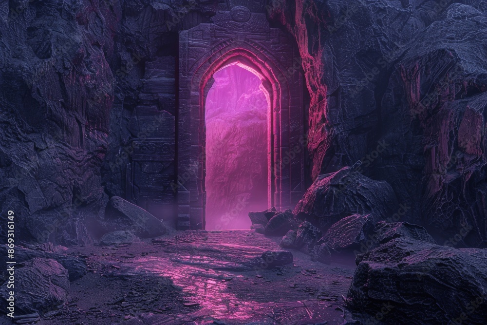 Stock abstract portal stone gate with neon glowing light in dark space landscape, rocky mountain stone field, spectrum light effect. Stock abstract portal stone gate with neon glowing light in dark space landscape, rocky mountain stone field, spectrum light effect.