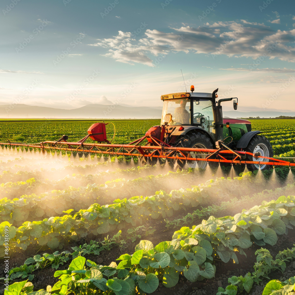 Fototapeta premium spraying pesticide with tractor at agriculture field