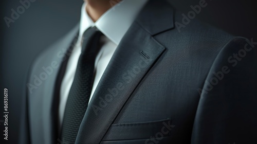 Closeup half body dark gray male suit, showing the perfect fit and clean lines, with a focus on the tailored craftsmanship photo