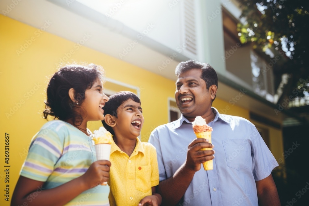 Obraz premium photo of a happy indian family eating ice cream, sunny day, commercial shoot
