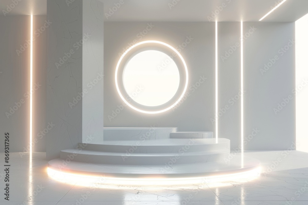 White futuristic background. Concept of futuristic interior with neon lights. 3D illustration of empty interior with neon lights