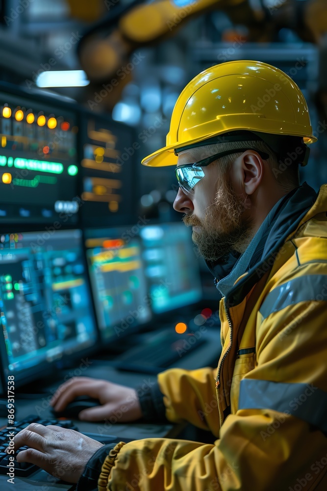 An engineer in a yellow hard hat operates sophisticated manufacturing software with robotic arms in the background An engineer in a yellow hard hat operates sophisticated manufacturing software with robotic arms in the background