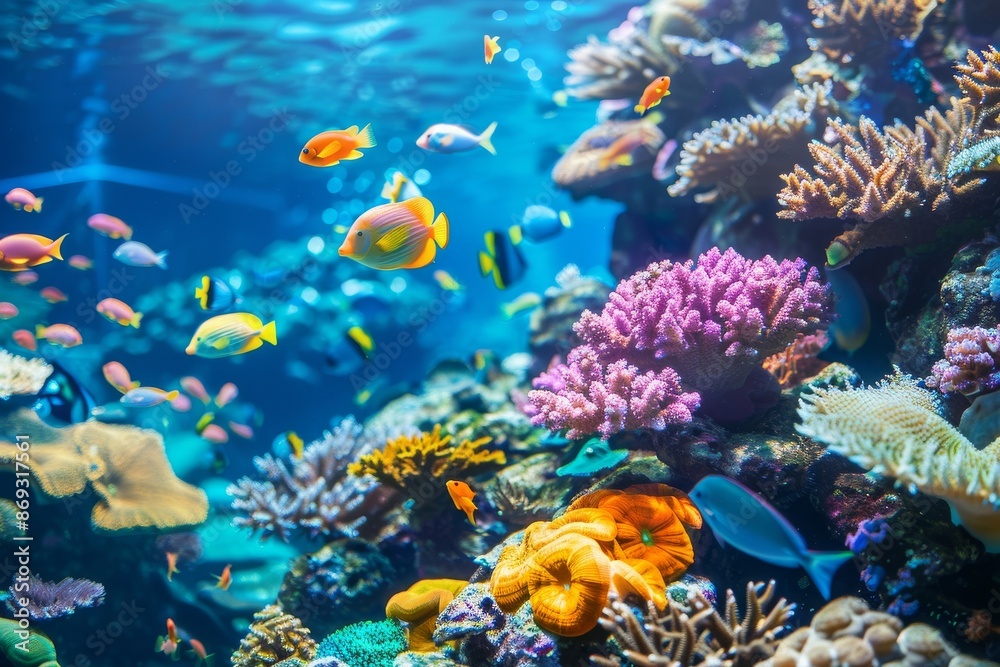 The seabed background of the blue ocean is full of colorful fishes and plants. The seabed is covered in colorful coral reefs in the deep blue ocean. Superimposed on the background is an underwater The seabed background of the blue ocean is full of colorful fishes and plants. The seabed is covered in colorful coral reefs in the deep blue ocean. Superimposed on the background is an underwater