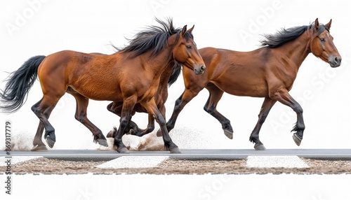Three beautiful brown horses are seen galloping alongside each other on a sandy road, exhibiting freedom and speed