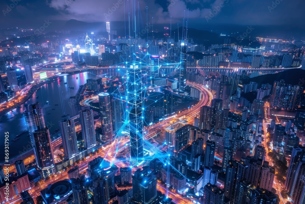 Fototapeta premium Smart futuristic city technology with digital glowing light reflection, smart modern mega city with neon technology background, night life Smart futuristic city with big data technology.