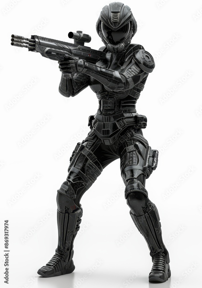 Young girl in a futuristic black armor suit with a helmet. Shooter. 3D rendering on white background. Science fiction cyborg female jumping and shooting with gun. Young girl in a futuristic black armor suit with a helmet. Shooter. 3D rendering on white background. Science fiction cyborg female jumping and shooting with gun.