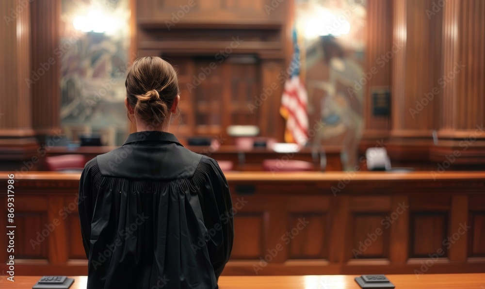 judge in courtroom wearing robes standing at empty bench looking towards camera from behind with flag on display above head wooden paneling and other courtroom equipment visible judge in courtroom wearing robes standing at empty bench looking towards camera from behind with flag on display above head wooden paneling and other courtroom equipment visible