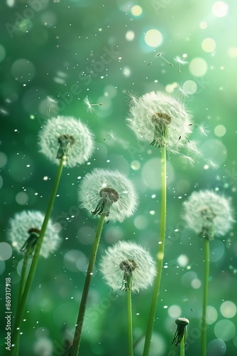 Dandelion seeds blowing in the wind, green blurred background, closeup
