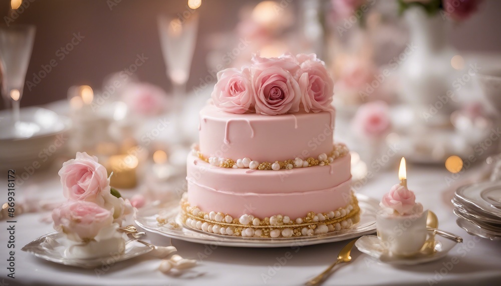 A four-tiered pink cake adorned with flowers and gold roses, garnished with white pearl beads. A four-tiered pink cake adorned with flowers and gold roses, garnished with white pearl beads.