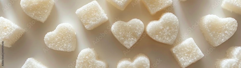 Heartshaped sugar cubes on white, topdown view, bright and minimalist Heartshaped sugar cubes on white, topdown view, bright and minimalist