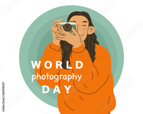 A girl with an amateur camera takes photographs. Capturing great memories while traveling or at a party. World Photography Day. Vector illustration isolated on transparent background.