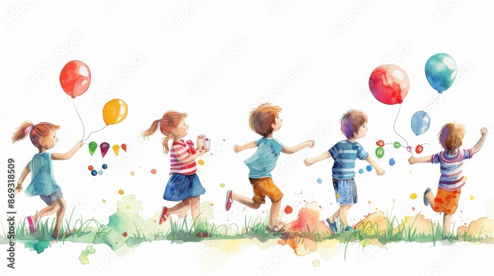 Fototapeta premium Watercolor illustration of joyful children running with balloons, celebrating in a lively, colorful setting, capturing the essence of childhood.
