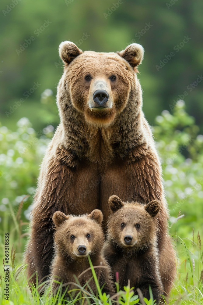 Protective brown bear mother with two cubs standing in a lush green meadow Protective brown bear mother with two cubs standing in a lush green meadow